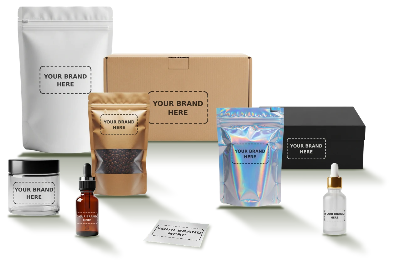 Custom packaging with a YOUR BRAND HERE print area on each piece: white and holographic stand-up bags, kraft window pouch, kraft shipping box, black rigid box, glass jar, amber and frosted dropper bottles, and a sticker